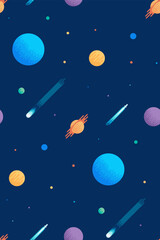 Fototapeta premium Seamless space pattern with planets and asteroid. Suitable for fabric and wrapping paper design. V Flat vector illustration