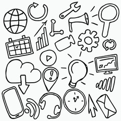 business and technology set icons. Doodle vector with business and technology icons on white background. Vintage business icons,sweet elements background for your project
