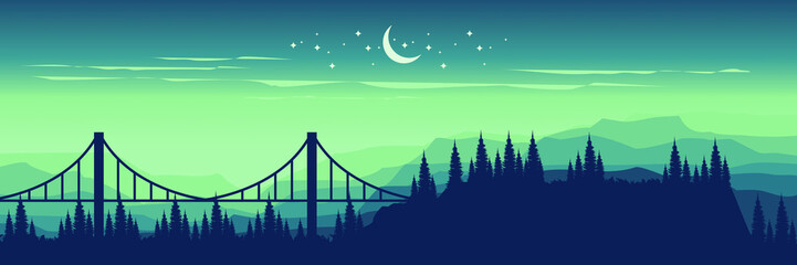 night mountain landscape silhouette flat design vector illustration good for wallpaper, background, banner, backdrop, web, game art, tourism and design template