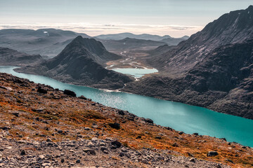 Norway trekking on mountains - Besseggen trail.  View on Gjende Lake nad &Oslash;vre Leirungen.