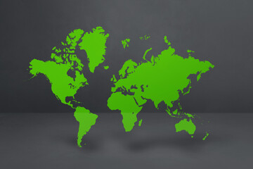 Green world map on black concrete wall background. 3D illustration