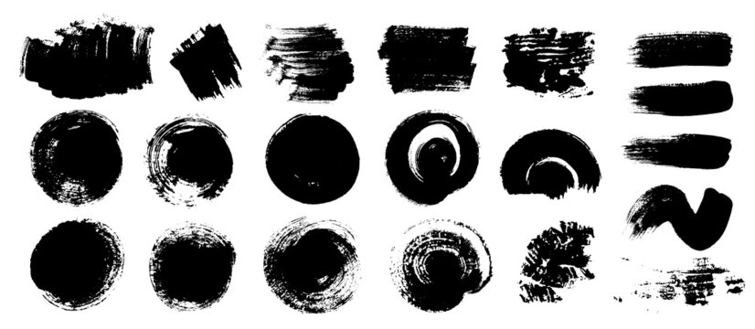 Brush strokes set. Various Round shapes and lines of black bold brush marks with dry texture. Hand drawn brush stroke vectorized and isolated on white background.
