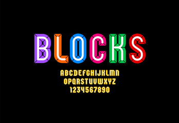Alphabet from chiseled block, facet font, beveled letters A-Z and numerals 0-9