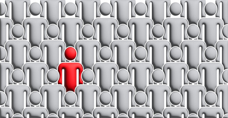 Unique person in the crowd. Business concept. Standing out from the crowd. Social networks. Cartoon group of people stickman, stick figure. Management, successful team leader, manager, CEO idea