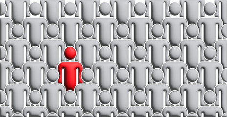 Obraz premium Unique person in the crowd. Business concept. Standing out from the crowd. Social networks. Cartoon group of people stickman, stick figure. Management, successful team leader, manager, CEO idea