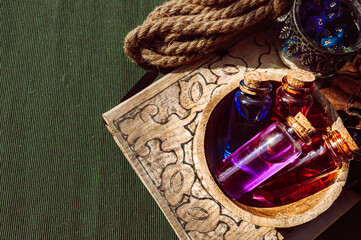 Overhead view of potions and multi-colored dice