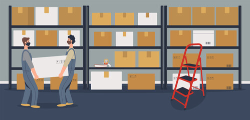 Warehouse or storeroom: storekeepers or loaders in protective masks holding cargo near rack with cardboard boxes.Goods in packages, tape dispenser and folders on shelf, staircase.Raster illustration