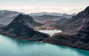 Norway trekking on mountains - Besseggen trail. View on &Oslash;vre Leirungen and Gjende Lake.