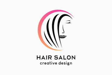 Hair salon or hair care logo design, woman face with hand drawn concept in circle