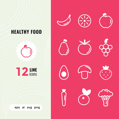 12 healhty food icons set. White outline, line and stroke style on red background. Collection of thin icons for web design, app, and the most modern projects.