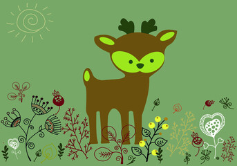 A cute little fawn among different plants. Vector file for designs.