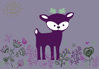 Cute little fawn among different plants.  Vector file for designs.