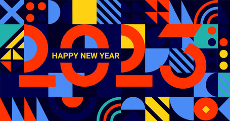 Banner for 2023 New Year.Greeting poster with numbers on geometric minimalistic background with simple geometry shapes.Template for flyer,web, cover,calendar,web,presentation,print.Vector illustration