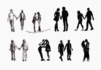 Set of people, couples, lovers. Black and white, white background. - 497946197