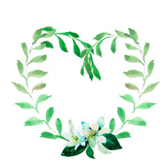 Wreath of leaves and flowers in the shape of a heart, watercolor - 497946308