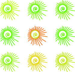 A set of suns of the same shape and size, but different colors. A vector file is useful for creating designs.