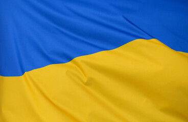 Ukraine Waving Flag for Independence Day. Victory Flag of Ukraine with Ripples. National Symbol. Highly Detailed Wavy Fabric Structure. Blue and Yellow Colors. Close Up Shot, Background