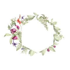 Watercolor floral wreath. Hand painted frame of green leaves, spring wild flowers, field summer bloom, herbs. Border isolated on white background. Iillustration for card design, print, background