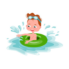 Pool party characters. Cute little kid boy  wearing swimming suit and ring have fun in pool on summer holiday