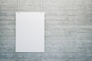 3D render. Blank white poster mock-up hanging on the concrete wall with copy space