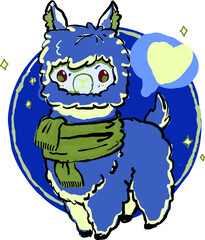 Cute llama with a scarf. The drawing is in blue-green tones. Vector file.