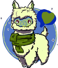 Cute llama with a scarf. The drawing is in blue-green tones. Vector file.