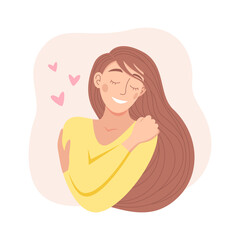 Love yourself. Love your body. Time for yourself. Woman hugging herself with hearts on a white background. Vector flat illustration in pastel colors