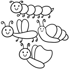 Monochrome illustration, coloring book. A set of cute cartoon illustrations with insects and beetles, flying butterflies