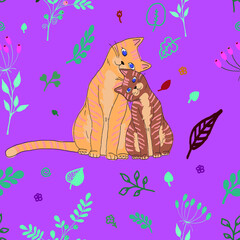 Vector seamless pattern with two cute cats.