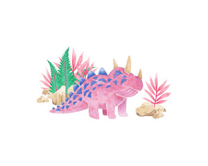 Watercolor illustration with cute purple dinosaurs. Сan be used for stationery design (postcards, calendars, notebooks, booklet etc.), clothing print, etc., phone case design etc