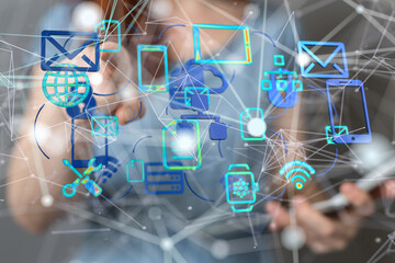 holding 3D rendering group of blue people