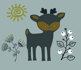 Cute gray fawn among the plants. Vector file.