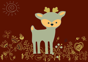 Cute little fawn among different plants. A vector file is useful for creating your designs.