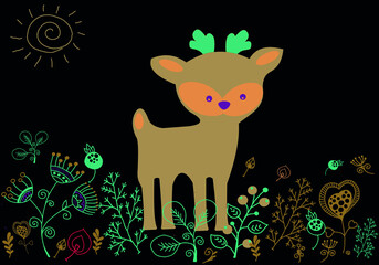 Cute little fawn among different plants. A vector file is useful for creating your designs.