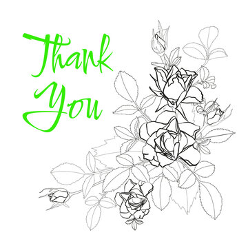 Monochrome branch with roses and leaves and words of thanks on a white background