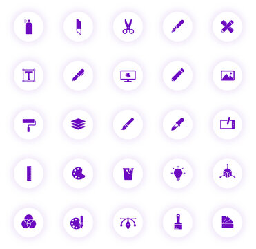 art and design purple color vector icons on light round buttons with purple shadow. art and design icon set for web, mobile apps, ui design and print