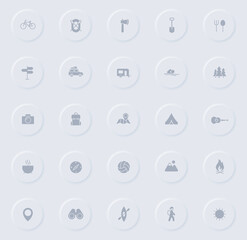 camping gray vector icons on round rubber buttons. camping icon set for web, mobile apps, ui design and promo business polygraphy