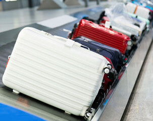 Group of suitcases on conveyor belt of airport