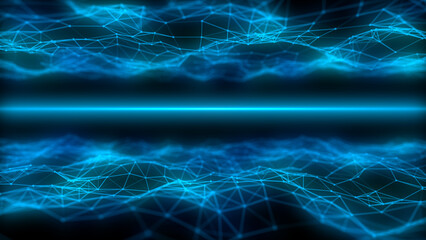Digital technology double wave. Dark cyberspace with motion dots and lines. Futuristic digital background. Big data analytics. 3d rendering.