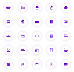 furniture purple color vector icons on light round buttons with purple shadow. furniture icon set for web, mobile apps, ui design and print