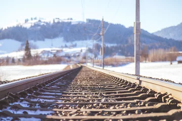 Tuinposter Sustainable traveling by train: Electric rail track in winter © Patrick Daxenbichler