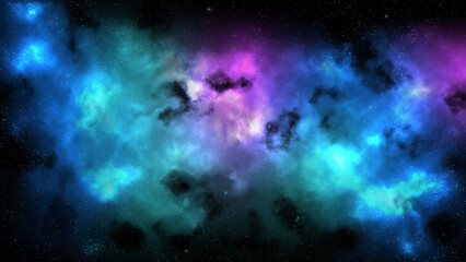 Cosmic multi-colored nebula against the background of a black sky and stars.