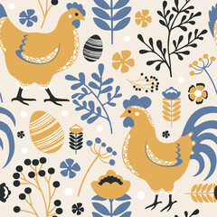 Floral wallpaper with chicken, rooster, eggs and various ornaments. Easter concept. Trendy pattern. Can be used as wallpapers, wrapping paper, cards, etc. Hygge style.