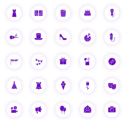 party purple color vector icons on light round buttons with purple shadow. party icon set for web, mobile apps, ui design and print