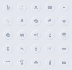 summer gray vector icons on round rubber buttons. summer icon set for web, mobile apps, ui design and promo business polygraphy