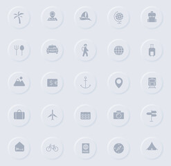 travel gray vector icons on round rubber buttons. travel icon set for web, mobile apps, ui design and promo business polygraphy