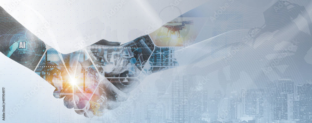 Leinwandbilder Global industry concept.Manager Ai Technical Industrial Engineer working and control robotics with monitoring system Automation robot arm software and icon industry network connection on tablet.