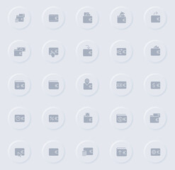 wallet gray vector icons on round rubber buttons. wallet icon set for web, mobile apps, ui design and promo business polygraphy