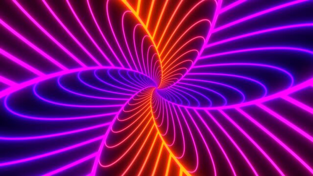 Glowing striped spiral. Abstract background in orange, red and purple vivid neon glow colors. Retro backdrop for event, party, carnival, celebration, anniversary or other. Seamless loop animation.