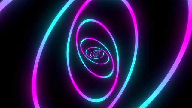 Minimal thin fluorescent spiral in infinite rotation. Funky holographic backdrop in retrowave style. Shiny fibonacci swirl in purple, blue and pink neon colors. Seamless loop animation.